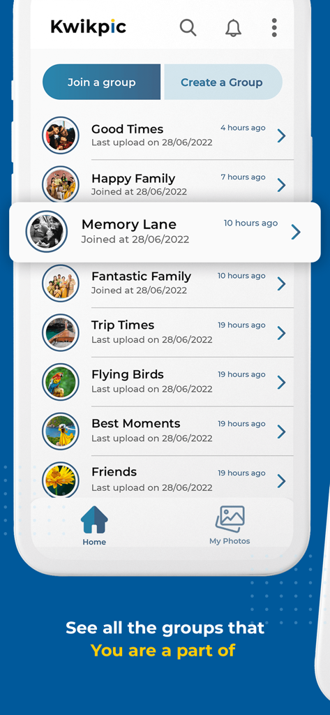 Kwikpic - Smart Photo Sharing - Kwikpicモバイルアプリ画面、Memory LaneやHappy Familyなどの共有写真グループのリストを表示