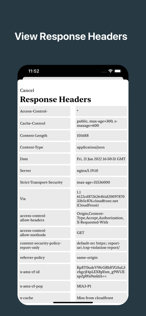 REST API Clientモバイルアプリの詳細なHTTPレスポンスヘッダービュー