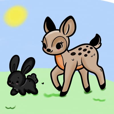 a fawn walking with a cute bunny