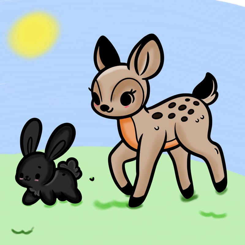 a fawn walking with a cute bunny