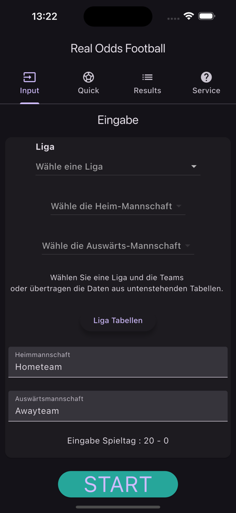 Interfaz de entrada de datos para la aplicación Real Odds Football mostrando opciones de selección de liga y equipo