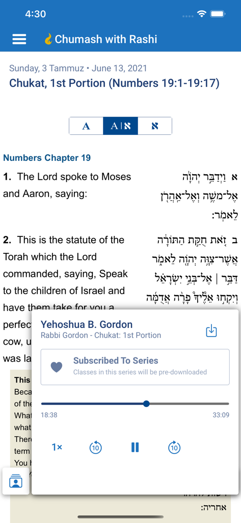 Chabad.org Daily Torah Study - A screenshot of the Chabad.org Daily Torah Study app showing side-by-side Hebrew and English Chumash text with an audio player overlay for a Rabbi Gordon class.