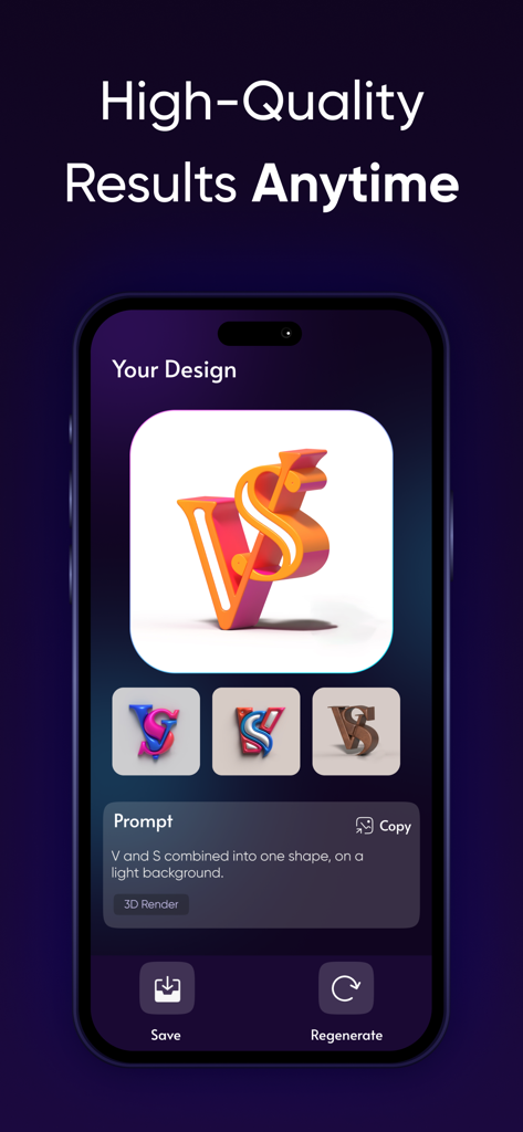 AI logo-generator - Interface do aplicativo móvel exibindo resultados de logo 3D de alta qualidade gerados por IA.