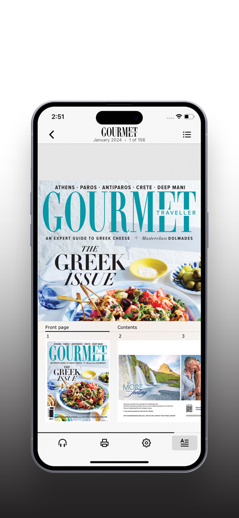 Gourmet Traveller - Gourmet Traveller App digitale Ausgabe mit dem Cover und der Seitennavigation der griechischen Ausgabe Januar 2024.