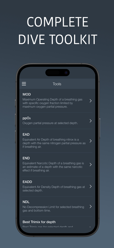 Interfaccia dell'app mobile Deep Tools che mostra vari strumenti di calcolo per immersioni subacquee tecniche.