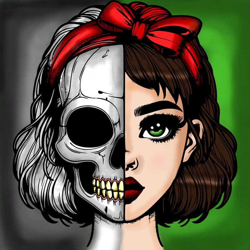 realistic girl with half skull mask