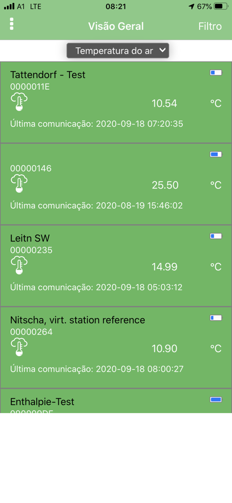 Tela de visão geral do aplicativo AgritecGEO Clima exibindo dados de temperatura do ar para múltiplas estações de campo agrícolas