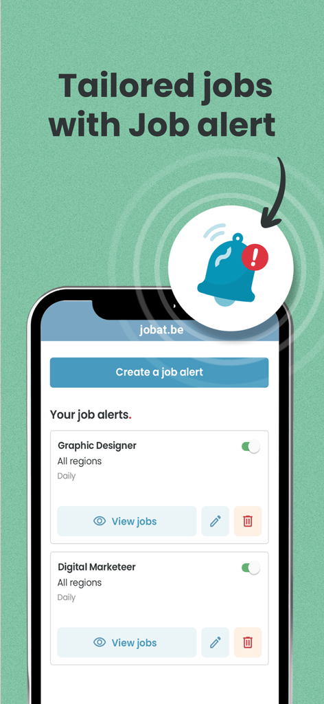 Jobatアプリのスクリーンショット、グラフィックデザイナーとデジタルマーケターのポジションに対するパーソナライズされた通知付きの求人アラート機能が表示されています。