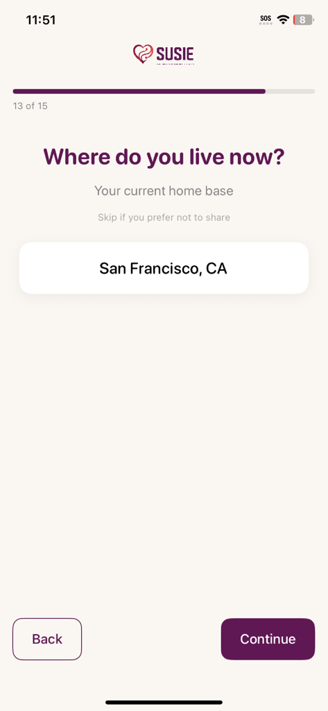 Susie Dating App - Onboarding screen of the Susie dating app asking where the user lives with San Francisco CA selected