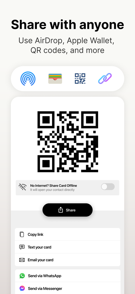 HeyDrop: Digital Business Card - Pantalla de la app HeyDrop mostrando un código QR y opciones para compartir una tarjeta de presentación digital a través de AirDrop, Apple Wallet y apps de mensajería.