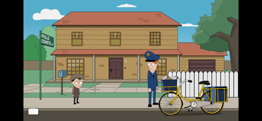 Johnny Bonasera 1 - Johnny Bonasera standing on a sidewalk near a postman and a yellow delivery bicycle in front of a two-story house.