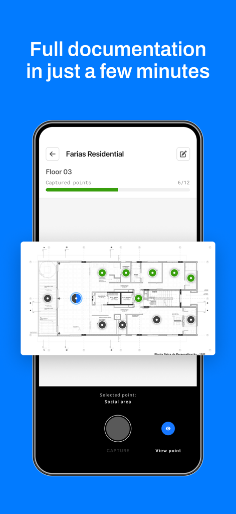 VISI (by Construct IN) - A smartphone screen displaying the VISI app floor plan with marked documentation points for construction site tracking.