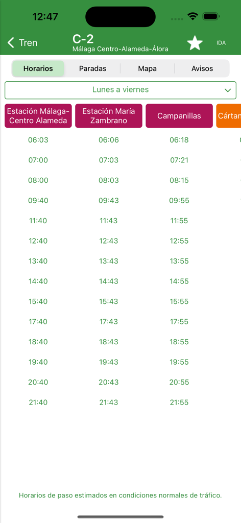 Consorcio Malaga - Horario de trenes para la línea C2 de Málaga Centro Alameda a Alora que muestra los horarios de salida diarios