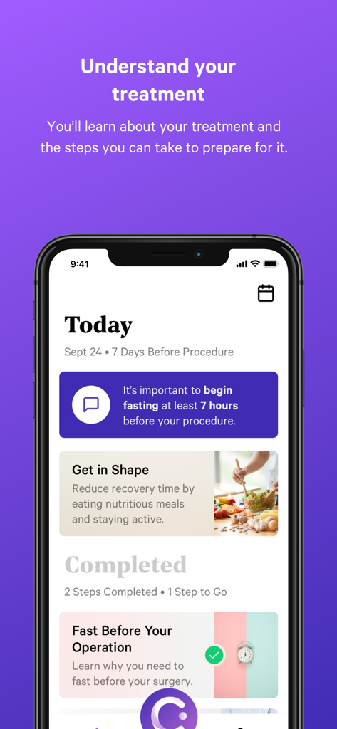 Caro Health - Caro Health app showing a daily task list for pre-surgery preparation including fasting and nutrition tips