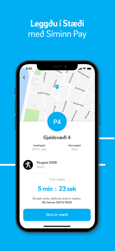 Timer di parcheggio attivo e interfaccia mappa nell'app mobile Síminn Pay.