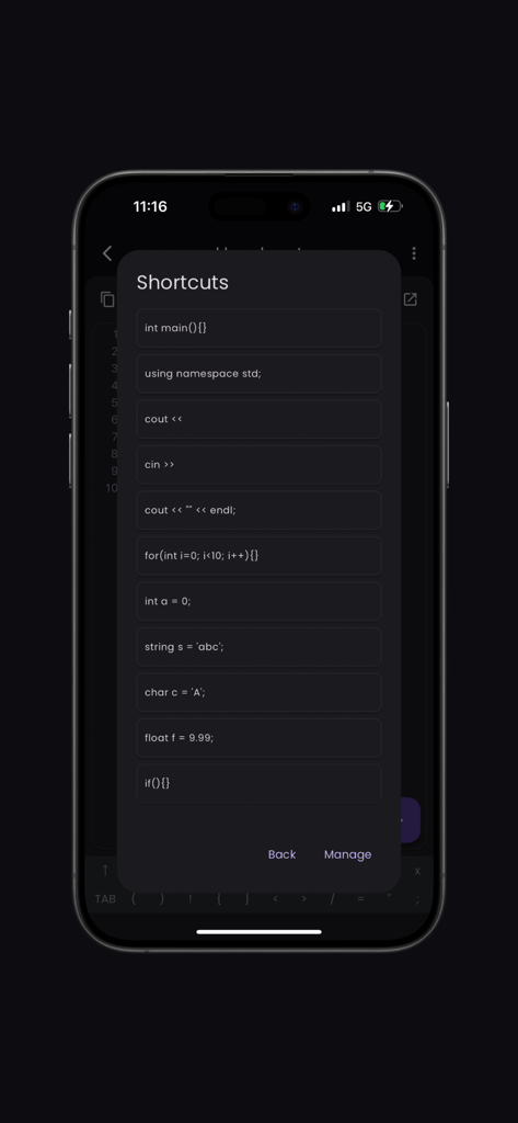 Shortcuts menu in the C plus plus compiler app showing common code snippets for faster mobile programming.