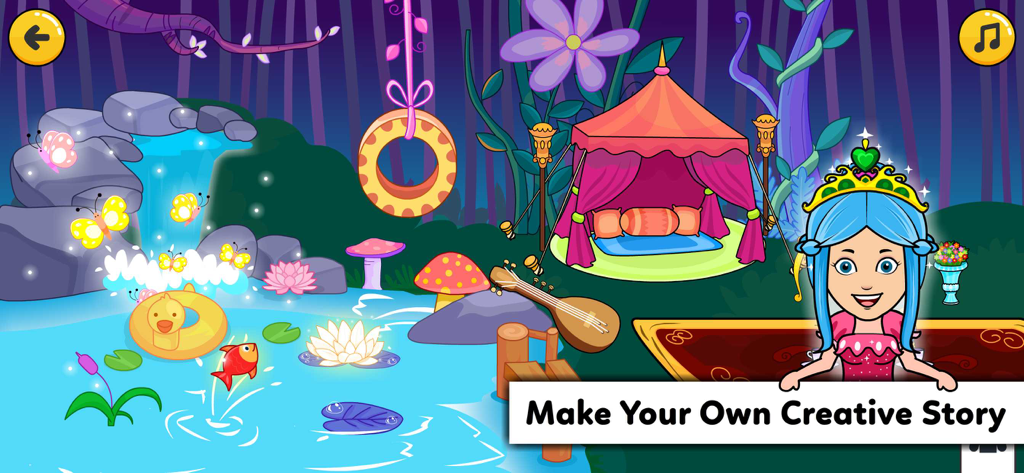Tizi Town - Dream Castle House - A cartoon princess in a magical garden with a waterfall and pond