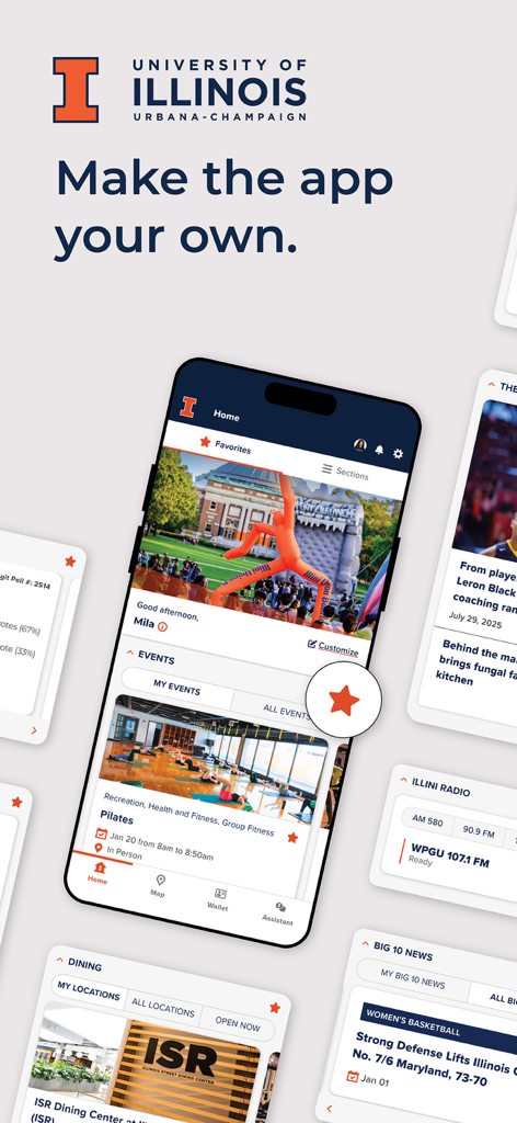 Illinois - Smartphone displaying the University of Illinois app home screen with sections for campus events, dining menus, and sports news