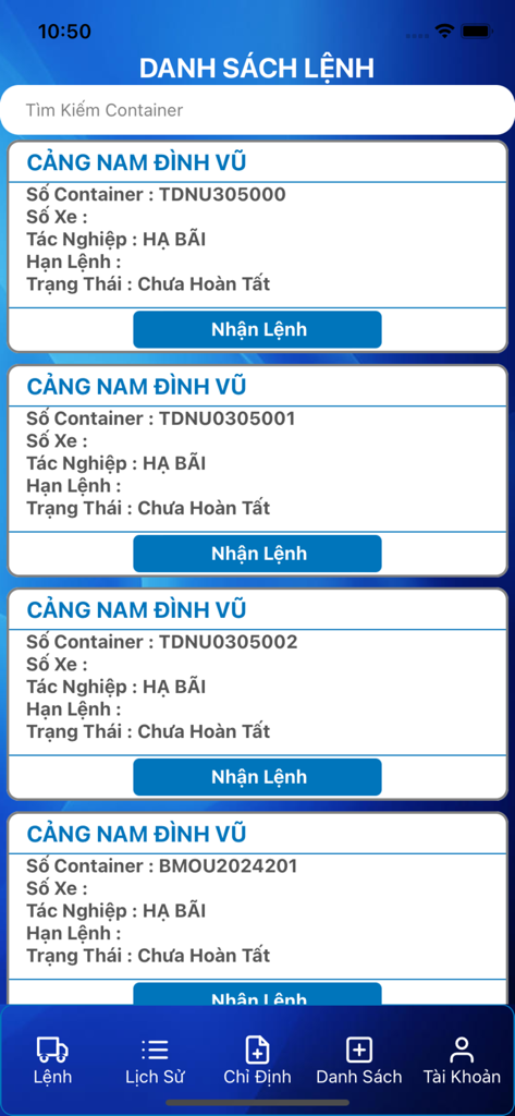 GMD SmartPort - GMD SmartPort mobile app interface showing a searchable list of container logistics orders and terminal status at Nam Dinh Vu Port