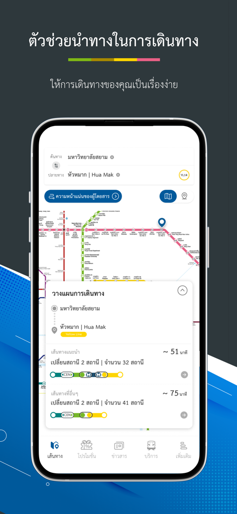 Navigation screen of THE SKYTRAINs app showing a Bangkok transit map and trip durations