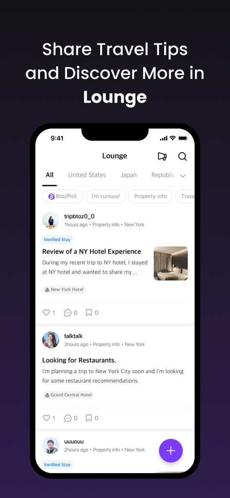 Tripbtoz - Play Share Stay - Tripbtoz app interface showing the Lounge section where travelers share tips and hotel reviews in a social feed.