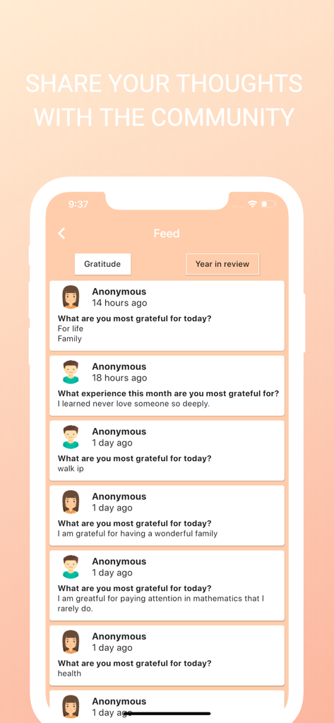 The 21 Days Challenge - A community feed in the 21 Days Challenge app where anonymous users share their daily gratitude and positive thoughts