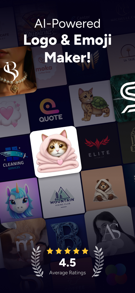 AI Emoji Generator: Logo Maker - A promotional screen showing various AI-generated logos and expressive emojis with a four point five star rating.