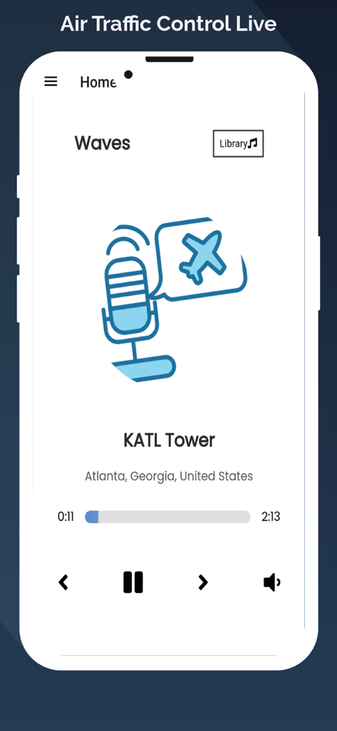 Reproductor de audio de control de tráfico aéreo en vivo para la torre Atlanta KATL dentro de la aplicación