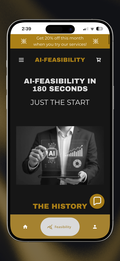 Pantalla de inicio de la aplicación móvil AI Feasibility que muestra datos de inversión inmobiliaria y herramientas analíticas