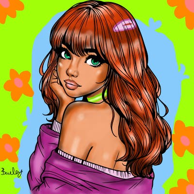 realistic girl with bangs looking over her shoulder