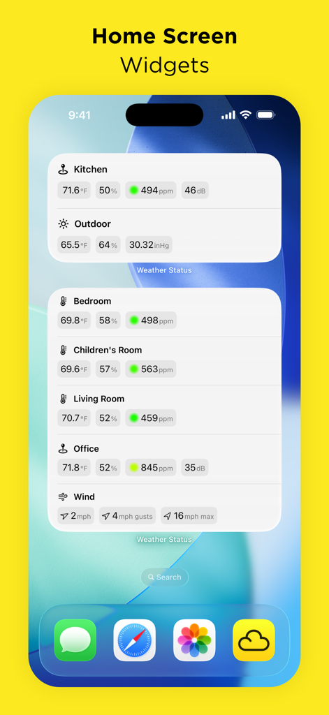 Weather Status for Netatmo - iPhone home screen displaying detailed weather and indoor air quality widgets for a Netatmo station
