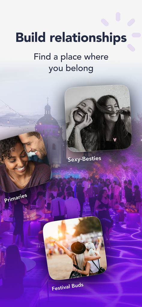 Plura-App-Oberfläche, die verschiedene Beziehungs-Kategorien und einen Hintergrund von Community-Events zeigt.