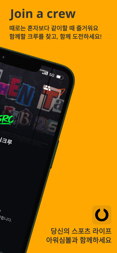 A smartphone displaying the OURSYMBOL app with the headline Join a crew in a vibrant orange layout