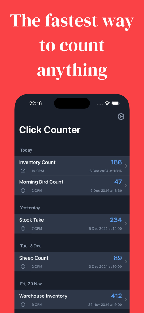 La schermata della cronologia dell'app TapTap plus plus che mostra varie sessioni di conteggio come conteggio di uccelli per inventario e controllo delle scorte in modalità scura