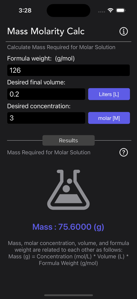 Interface of the Mass Molarity Calculator showing formula weight volume and concentration inputs with a mass result