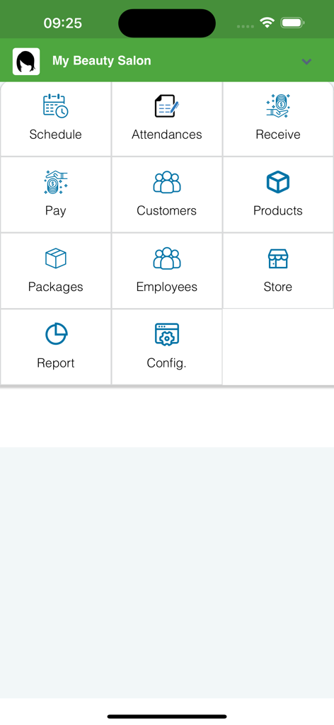 Interface principal do Sistema de Gestão de Salão de Beleza com ícones de agendamento e gerenciamento de clientes
