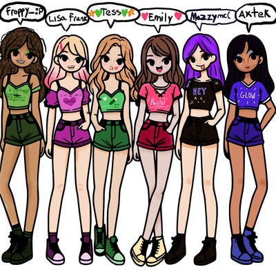 a group of girls wearing crop tops and shorts