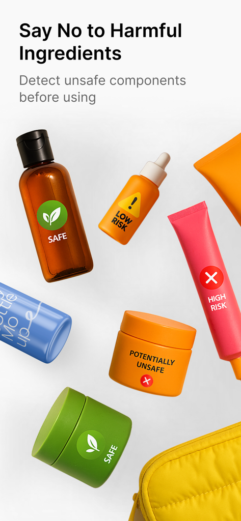 Skincare Ingredient Checker - Skincare product containers labeled with ingredient safety ratings like safe and high risk.