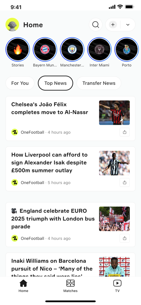 The home screen of the OneFootball app displaying soccer news articles and followed team icons