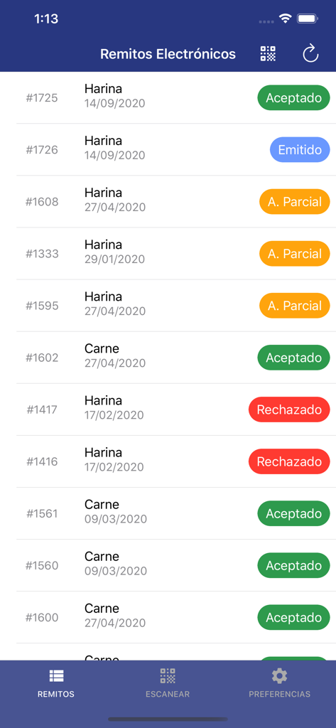 Lista de remitos electrónicos con estados de envío en la app Remitos AFIP