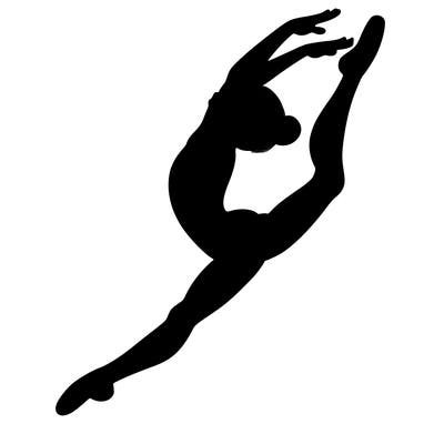 gymnast doing a leap in a leotard with a bent back leg
