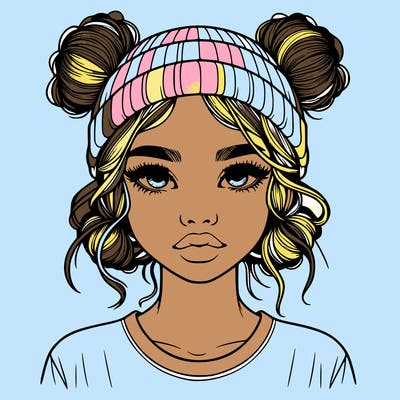 realistic girl with buns in her hair with a beanie on
