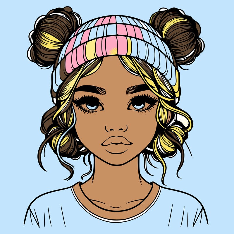 realistic girl with buns in her hair with a beanie on