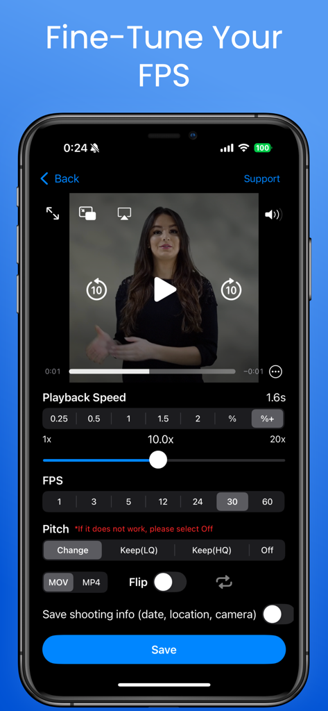 Easy Video Speed Editor user interface showing playback speed FPS and audio pitch settings
