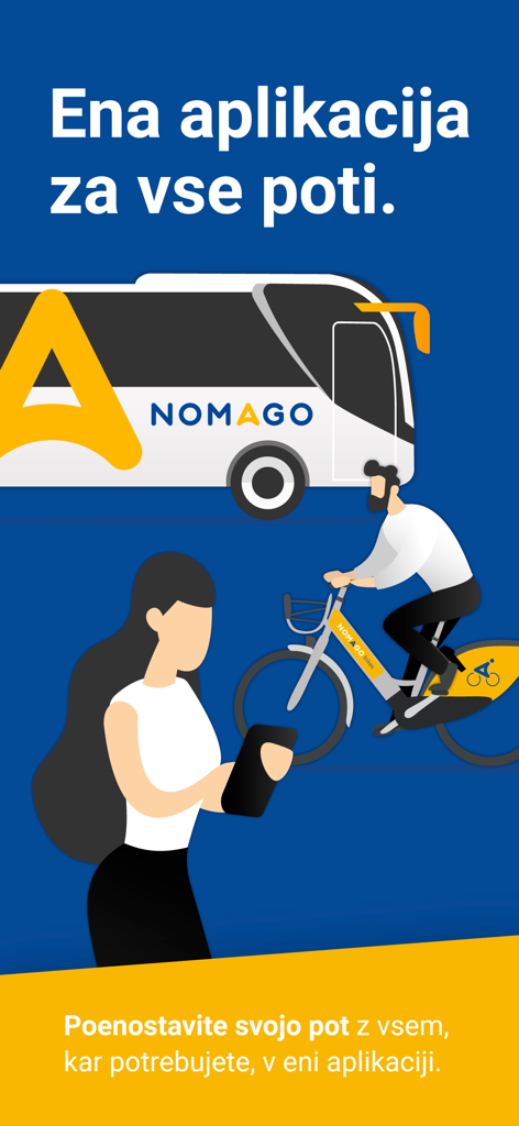 Grafica promozionale dell'app Nomago che mostra un autobus, una persona in bicicletta e un utente che tiene uno smartphone su uno sfondo blu.