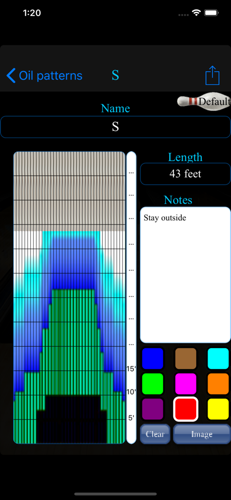 BowlSheet® - A visual representation of a 43 foot bowling oil pattern with color coded zones and notes in the BowlSheet app