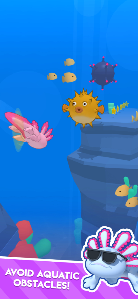 Axolotl Rush - A pink axolotl swimming underwater avoiding pufferfish and sea mine obstacles
