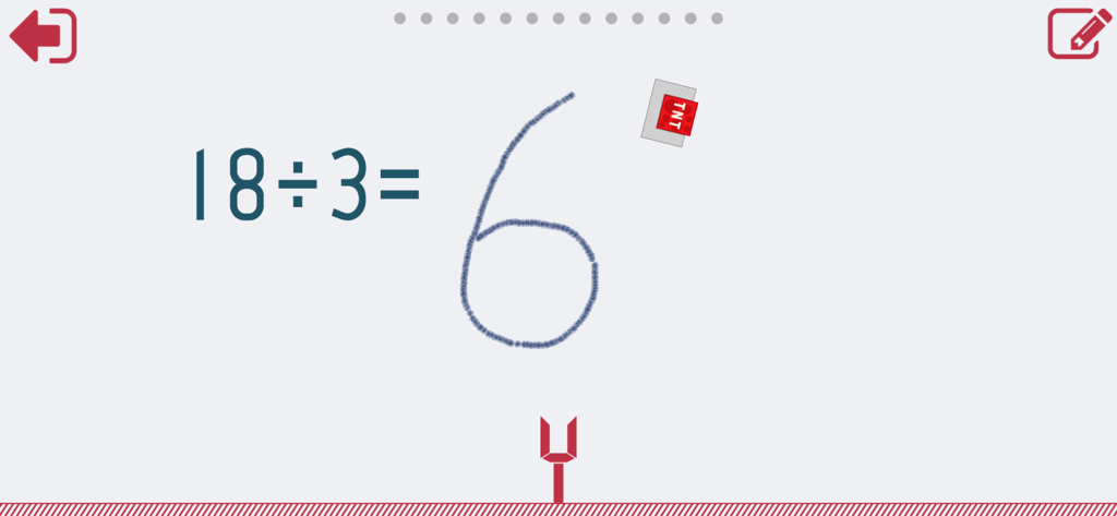 Eine Divisionsaufgabe 18 geteilt durch 3 mit einer handschriftlichen Antwort von 6 in der App-Oberfläche.
