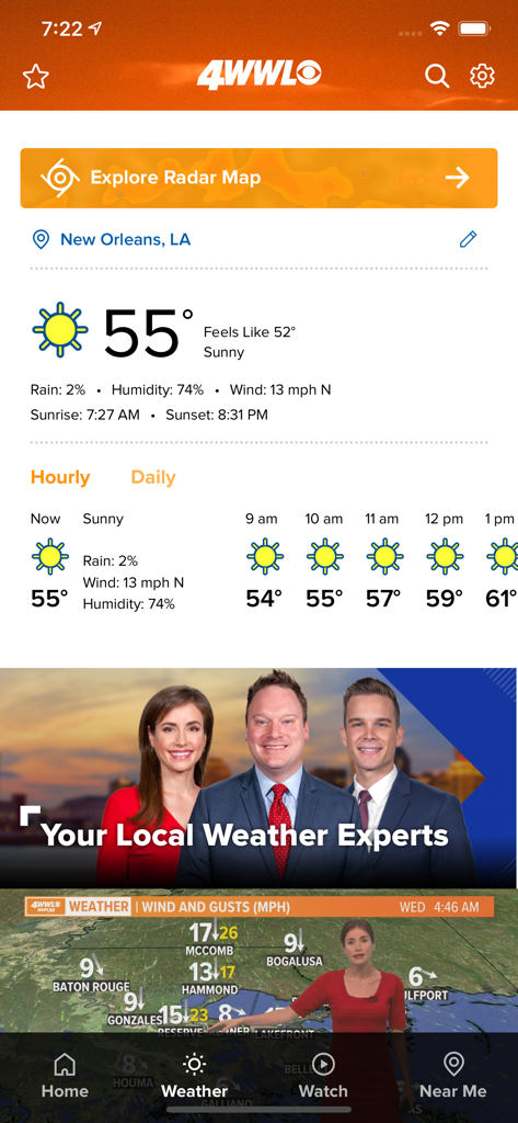 New Orleans News from WWL - Sección meteorológica de la aplicación de noticias WWL Nueva Orleans que muestra la temperatura local y el pronóstico por hora