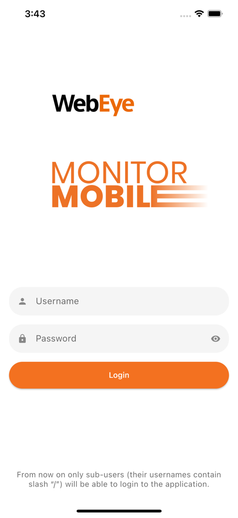 Tela de login do aplicativo de gestão de frota WebEye Monitor Mobile com campos de nome de usuário e senha